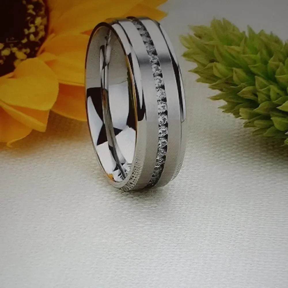 New Titanium Brushed Center Shiny Step Edge CZ Eternity Wedding Ring ‎ Size 7.5